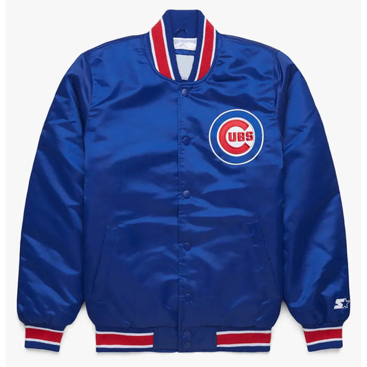 Front view of Chicago Cubs MLB satin varsity jacket with team logo and snap-button closure