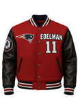 Red and black varsity jacket with 'EDELMAN 11' and sports team logo on a gray background