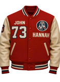 Red varsity jacket with white lettering and a logo on a gray background