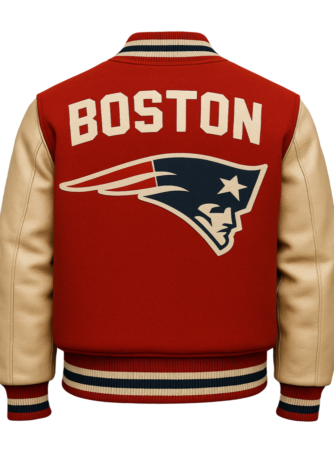 Red varsity jacket with 'Boston' and a logo on the back, on a neutral background