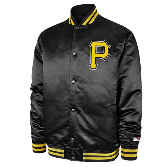 Front view of MLB Pittsburgh Pirates satin varsity jacket with team logo and snap-button closure