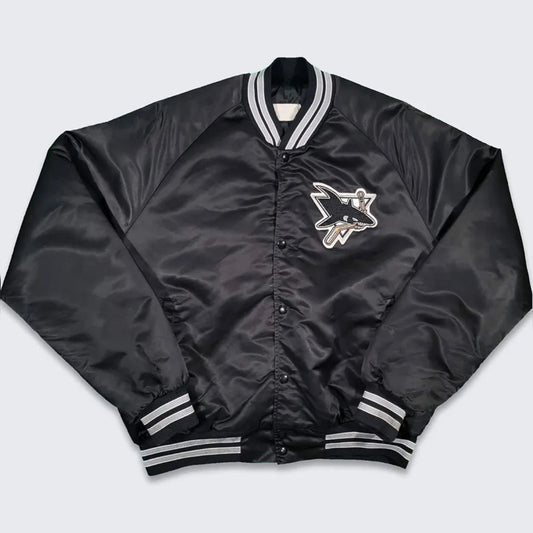 Front view of San Jose Sharks NHL satin varsity jacket with embroidered team logo and snap-button closure