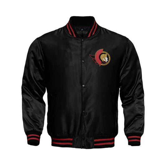 Front view of Ottawa Senators NHL satin varsity jacket with embroidered team logo and snap-button closure