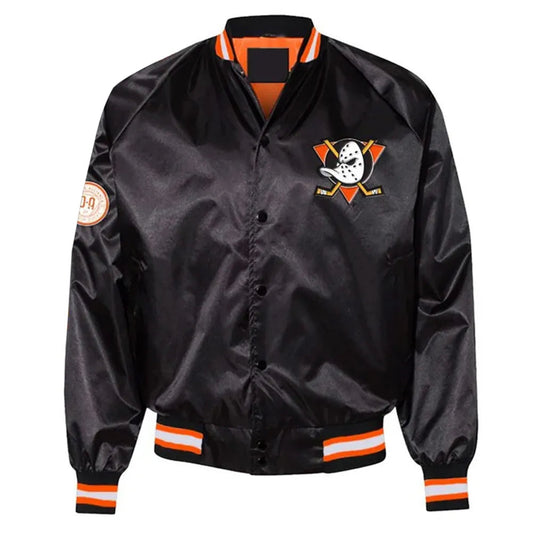Front view of Anaheim Ducks NHL satin varsity jacket with embroidered team logo and snap-button closure