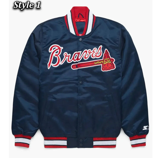 Front view of Atlanta Braves MLB satin varsity jacket with team logo and snap-button closure