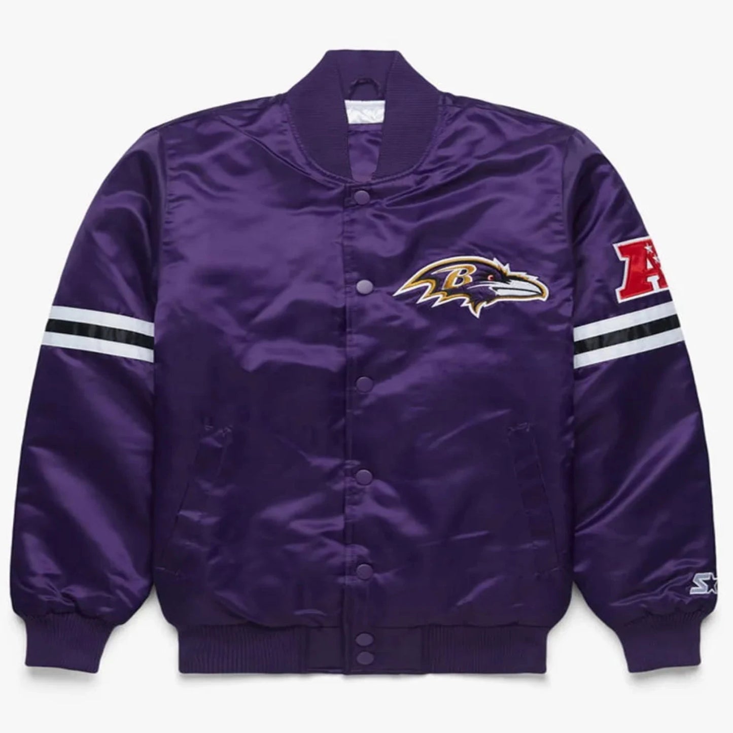 Front view of Baltimore Ravens NFL satin varsity jacket with team logo and snap-button closure