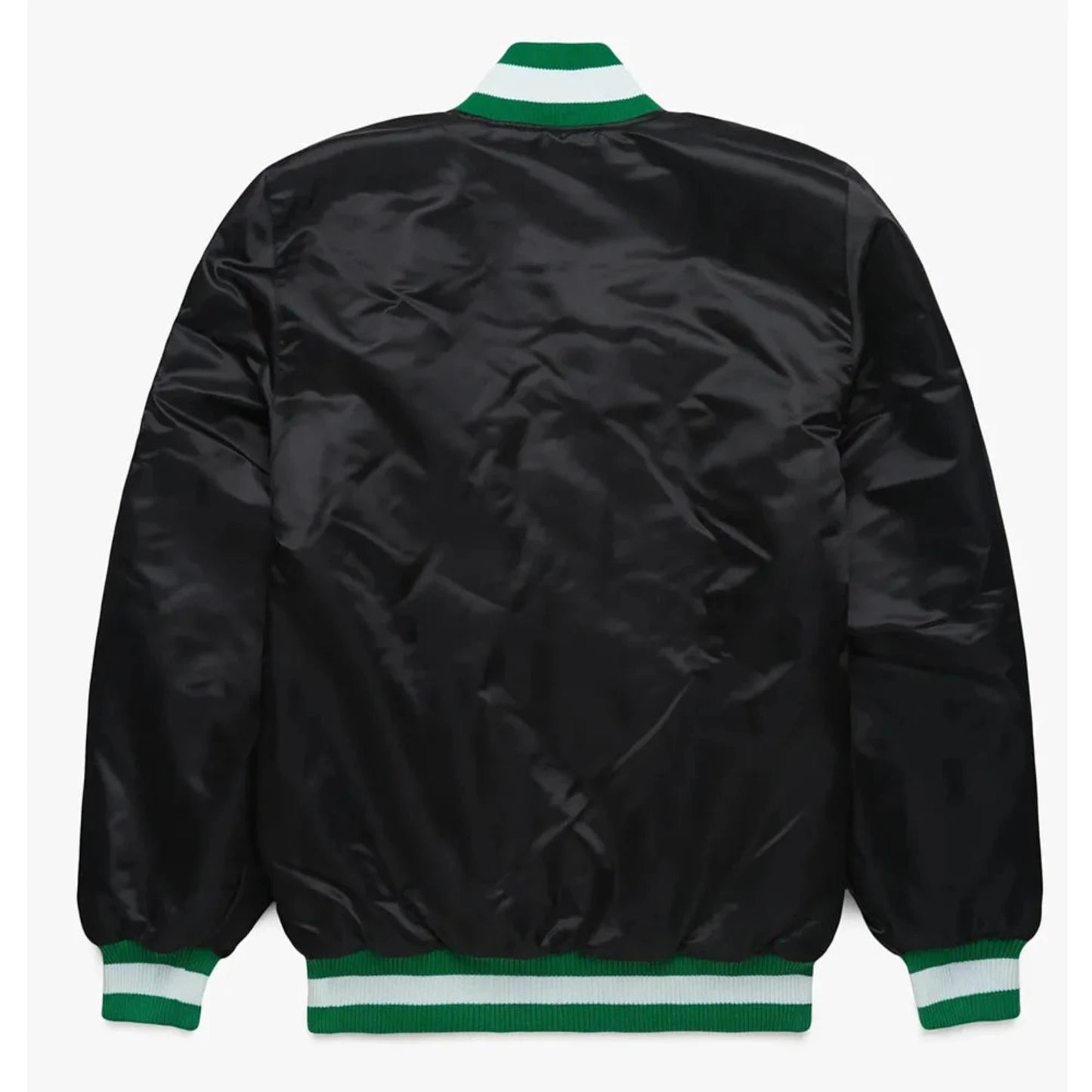 Back of Philadelphia Eagles satin varsity jacket featuring large team logo and striped ribbed hem