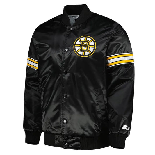 Front view of Boston Bruins NHL satin varsity jacket with team logo and snap-button closure