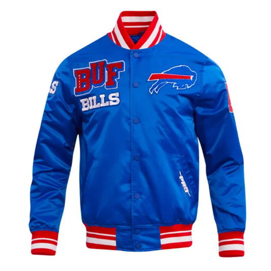 Front view of Buffalo Bills NFL satin varsity jacket with team logo and snap-button closure