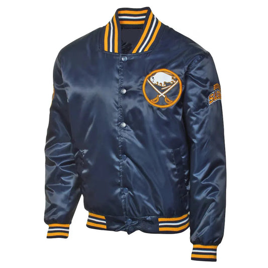 Front view of Buffalo Sabres NHL satin varsity jacket with embroidered team logo and snap-button closure