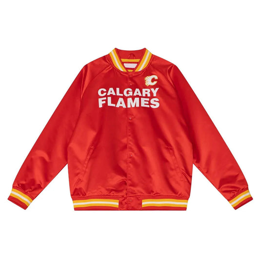 Front view of Calgary Flames NHL satin varsity jacket with embroidered team logo and snap-button closure