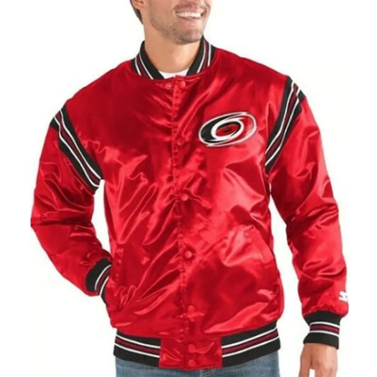 Front view of Red Colour Carolina Hurricanes NHL satin varsity jacket with team logo and snap-button closure