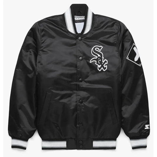 Front view of Chicago White Sox MLB satin varsity jacket with team logo and snap-button closure