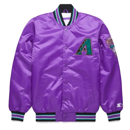 Front view of Arizona Diamondbacks MLB satin varsity jacket with team logo and snap-button closure