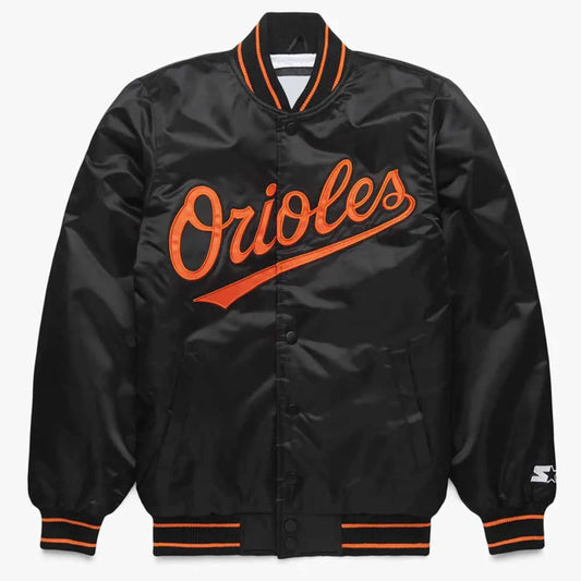 Front view of Baltimore Orioles MLB satin varsity jacket with team logo and snap-button closure