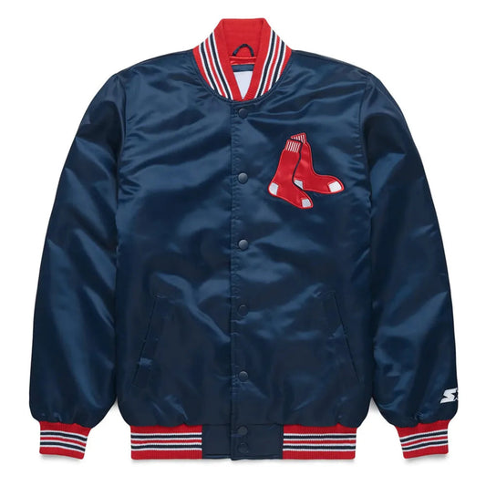 Front view of Boston Red Sox MLB satin varsity jacket with team logo and snap-button closure
