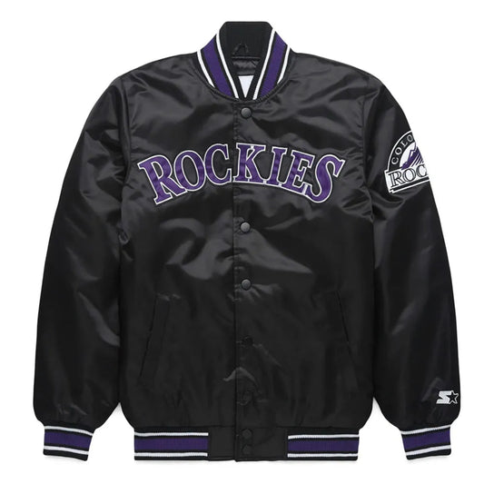 Front view of Colorado Rockies MLB satin varsity jacket with team logo and snap-button closure