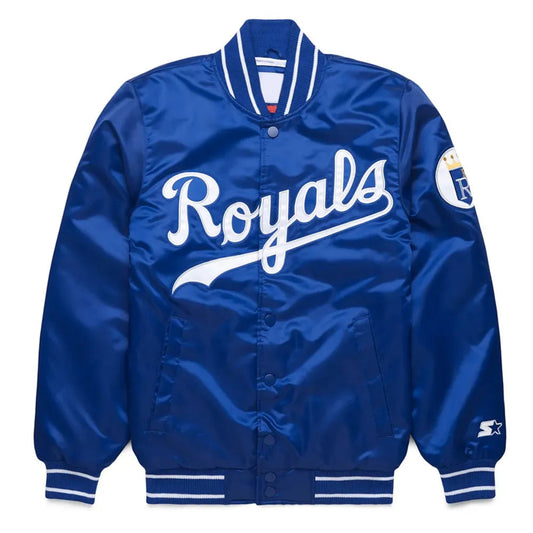 Front view of Kanas City Royals MLB satin varsity jacket with team logo and snap-button closure