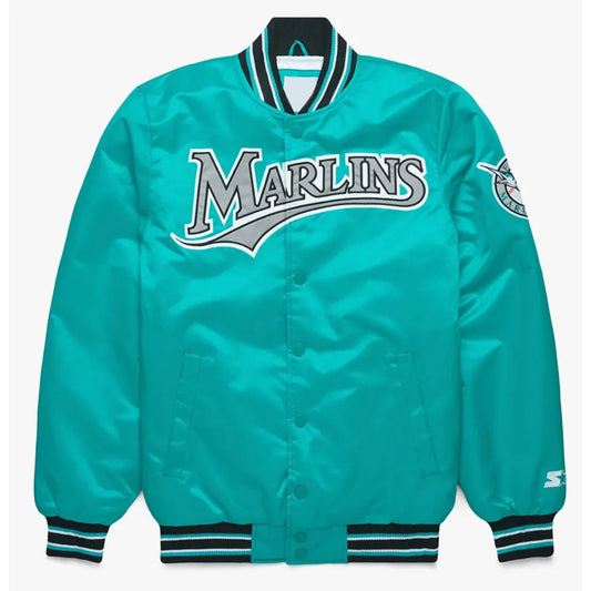Front view of Miami Marlins MLB satin varsity jacket with team logo and snap-button closure