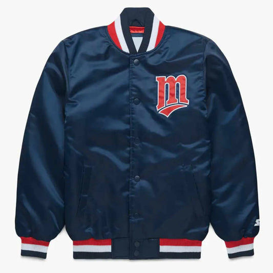 Front view of Minnesota Twins MLB satin varsity jacket with team logo and snap-button closure