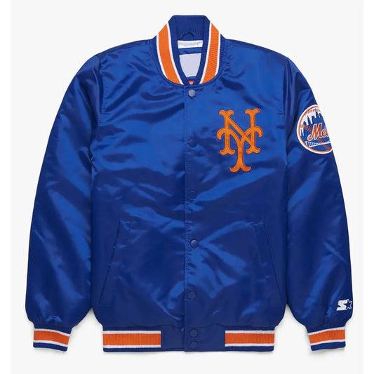 Front view of NY Mets MLB satin varsity jacket with team logo and snap-button closure