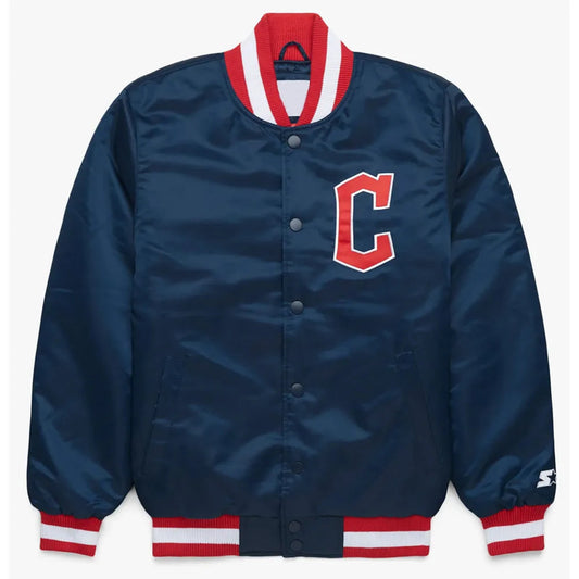 Front view of Clebveland Guardians MLB satin varsity jacket with team logo and snap-button closure