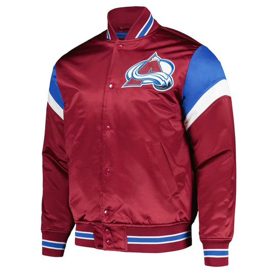 Front view of Colorado Avalanche NHL satin varsity jacket with embroidered team logo and snap-button closure
