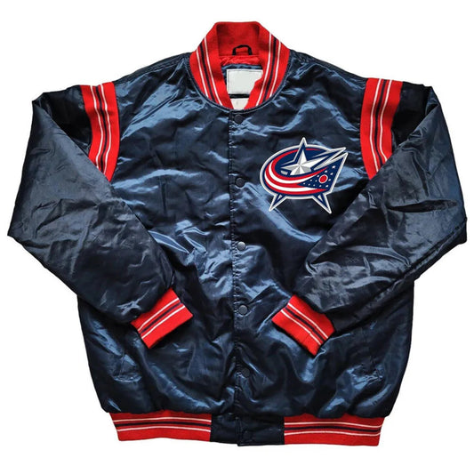 Front view of Columbus Blue Jackets NHL satin varsity jacket with embroidered team logo and snap-button closure