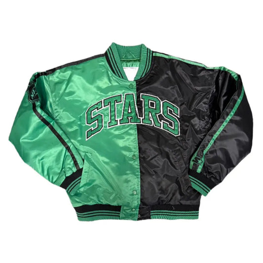 Front view of Dallas Stars NHL satin varsity jacket with embroidered team logo and snap-button closure