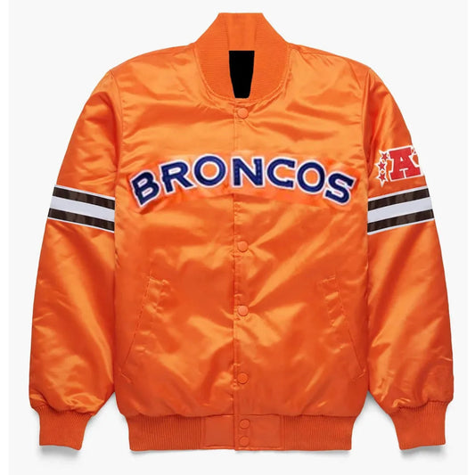 Front view of Denver Broncos NFL satin varsity jacket with team logo and snap-button closure