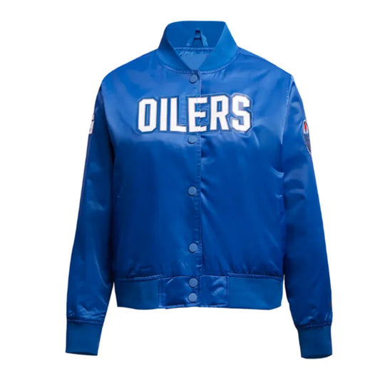 Front view of Edmonton Oilers NHL satin varsity jacket with embroidered team logo and snap-button closure