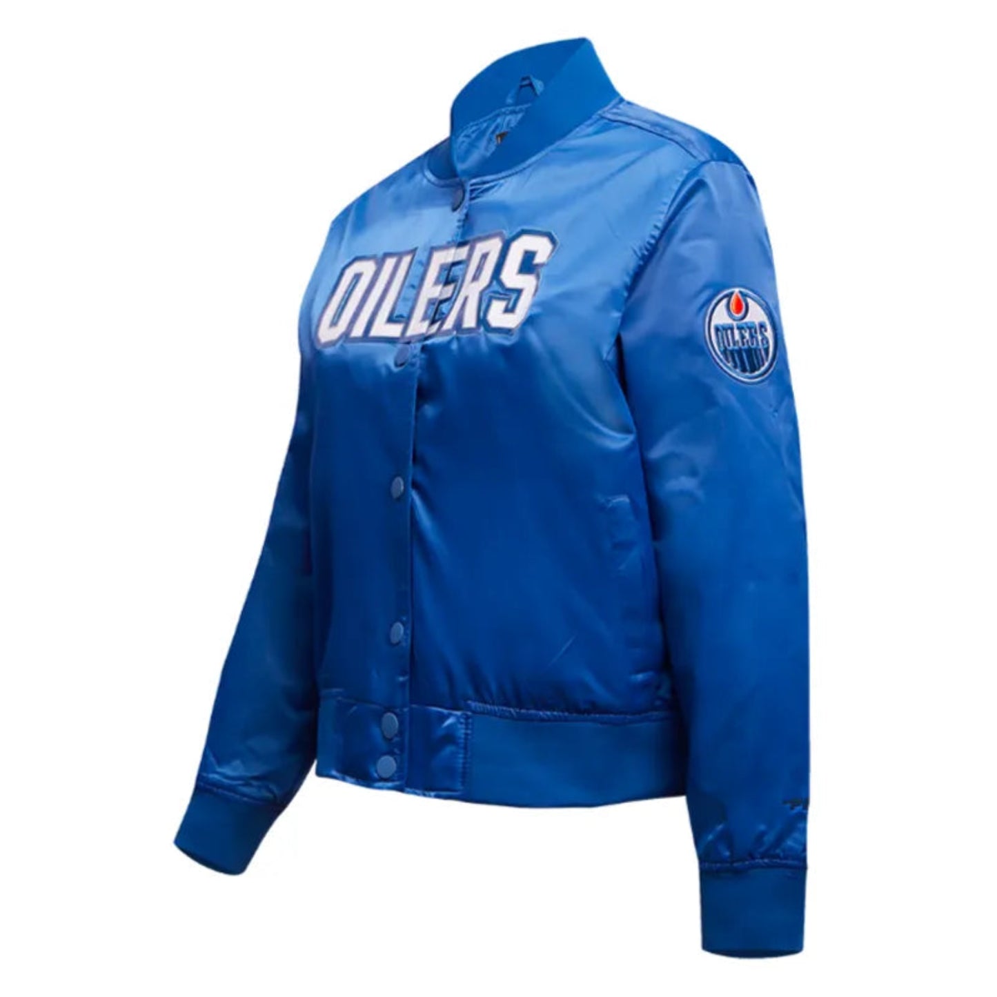 Blue Edmonton Oilers jacket with 'Oilers' text and logo on a white background