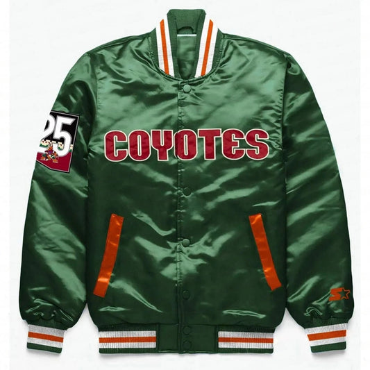 Front view of Arizona Coyotes NHL satin varsity jacket with embroidered team logo and snap-button closure