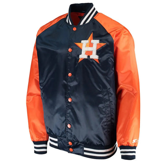 Front view of Houston Astros MLB satin varsity jacket with team logo and snap-button closure