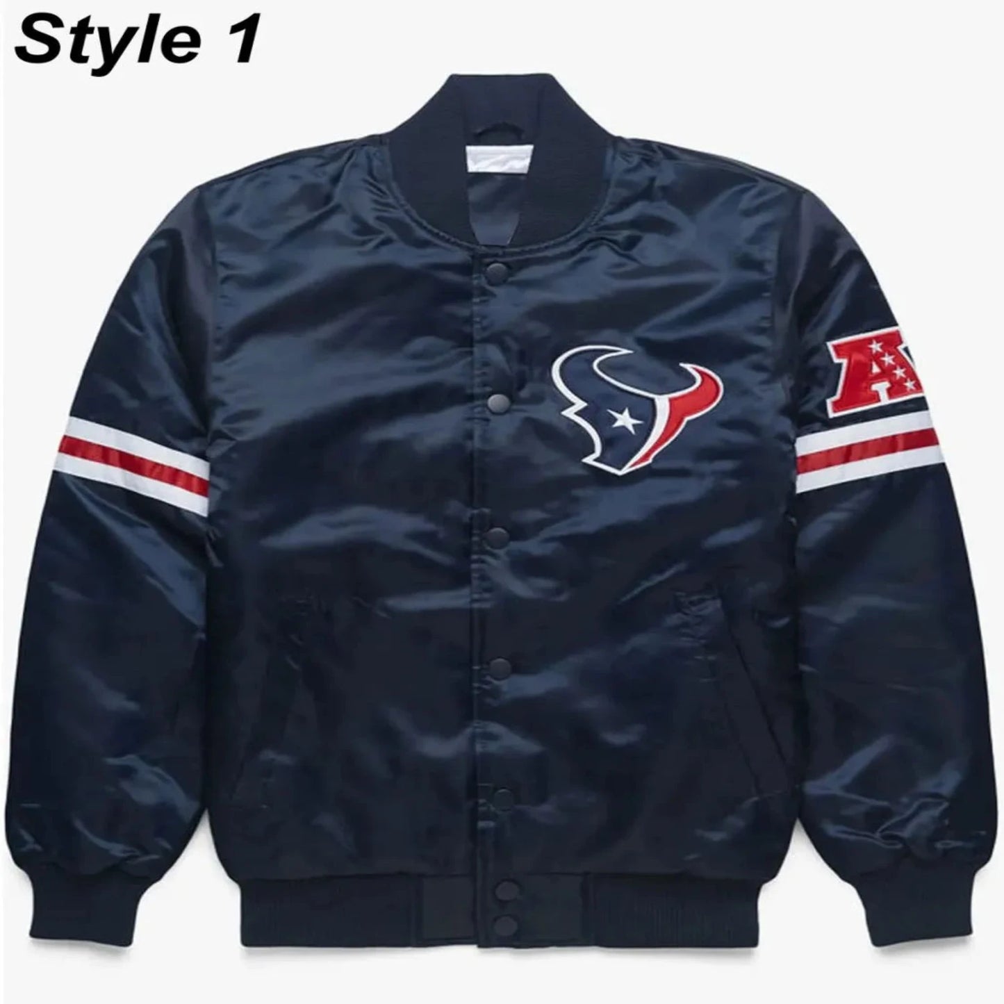 Front view of Houston Texans NFL satin varsity jacket with team logo and snap-button closure