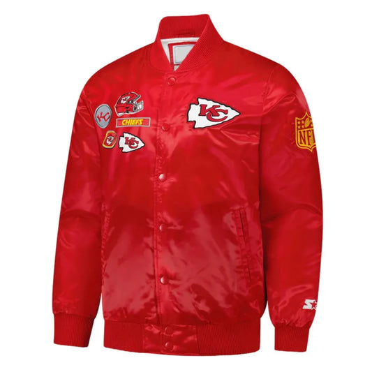 Front view of Kanas City Chiefs NFL satin varsity jacket with team logo and snap-button closure