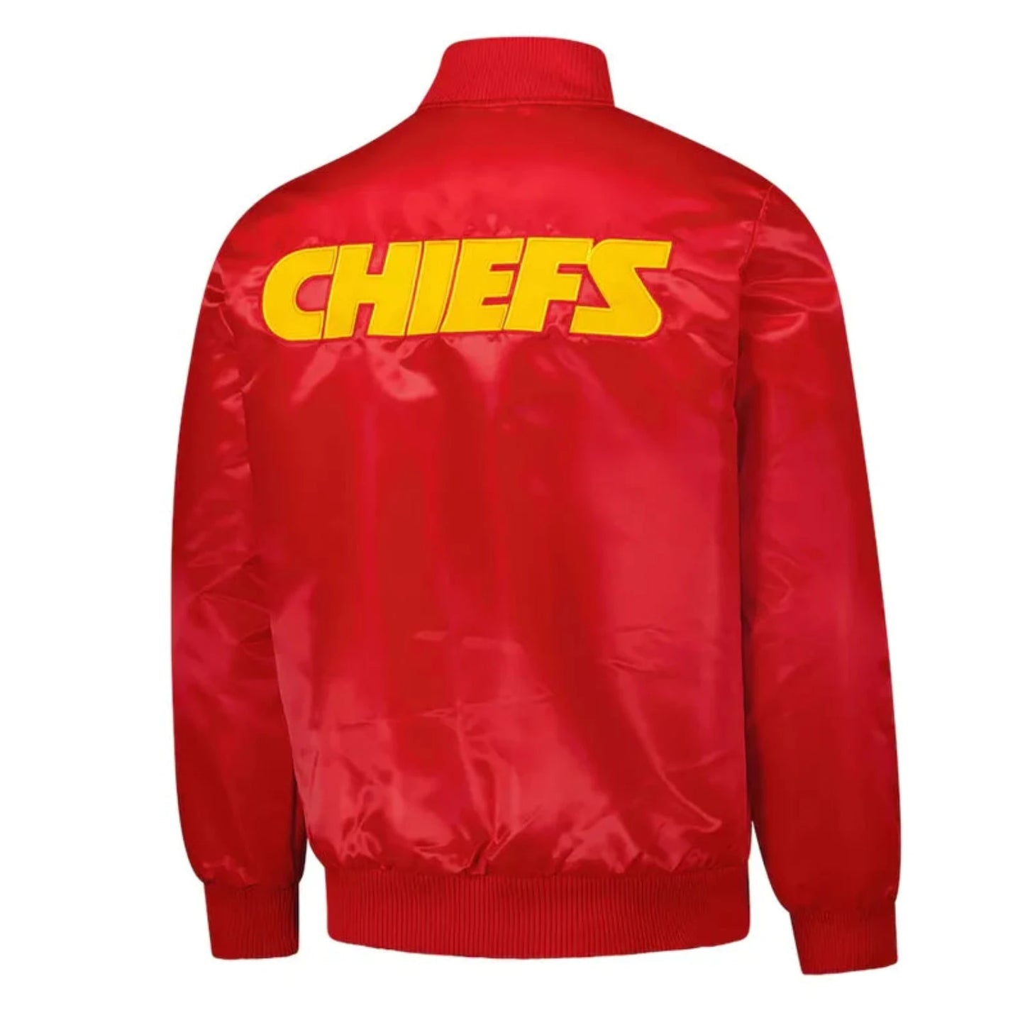 Back of Kanas City Chiefs satin varsity jacket featuring large team logo and striped ribbed hem
