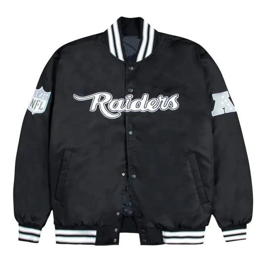 Front view of Las Vegas Raiders NFL satin varsity jacket with team logo and snap-button closure