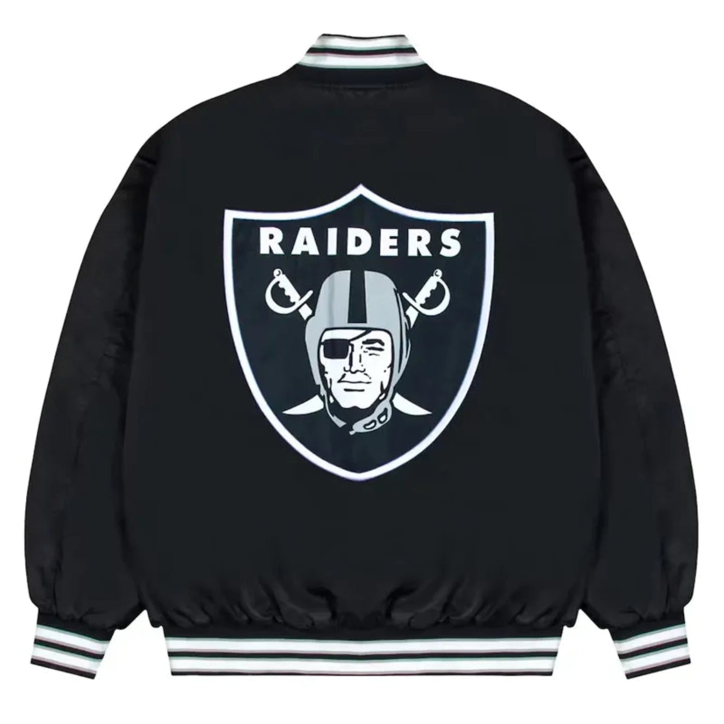 Back of Las Vegas Raiders satin varsity jacket featuring large team logo and striped ribbed hem