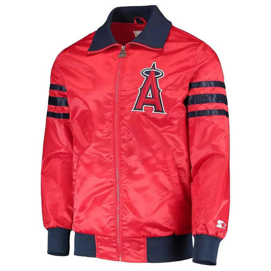 Front view of LA Angels MLB satin varsity jacket with team logo and snap-zip closure