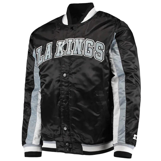 Front view of Los Angeles Kings NHL satin varsity jacket with embroidered team logo and snap-button closure