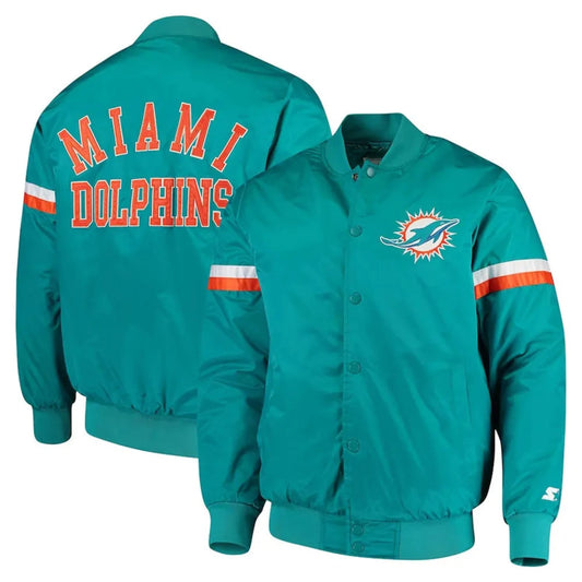 Front and Back View of Miami Dolphins NFL satin varsity jacket in team colors with embroidered logo