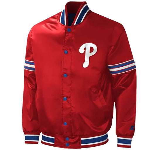 Front view of Philadelphia Phillies MLB satin varsity jacket with team logo and snap-button closure