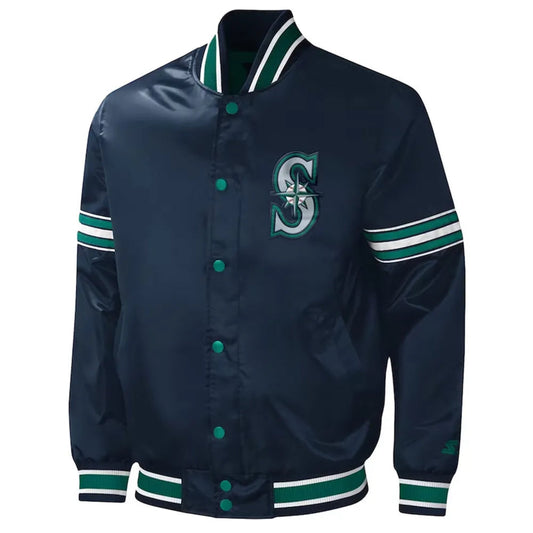 Front view of Seattle Mariners MLB satin varsity jacket with team logo and snap-button closure