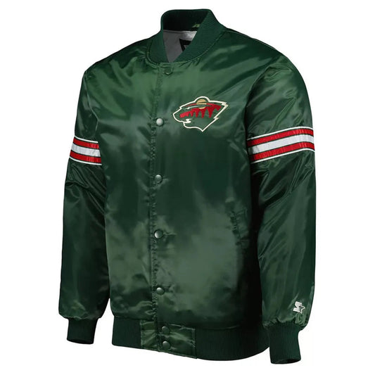 Front view of Minnesota Wild NHL satin varsity jacket with embroidered team logo and snap-button closure