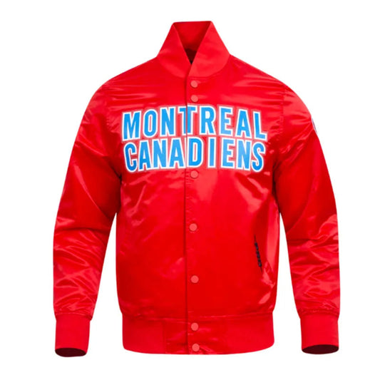 Front view of Montreal Canadiens NHL satin varsity jacket with embroidered team logo and snap-button closure