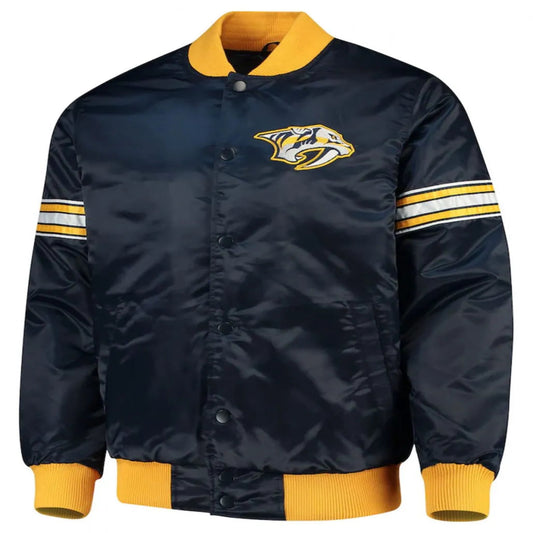 Front view of Nashville Predators NHL satin varsity jacket with embroidered team logo and snap-button closure