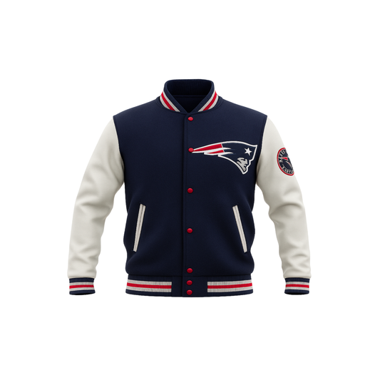 Navy and white varsity jacket with a NFL team logo on a white background