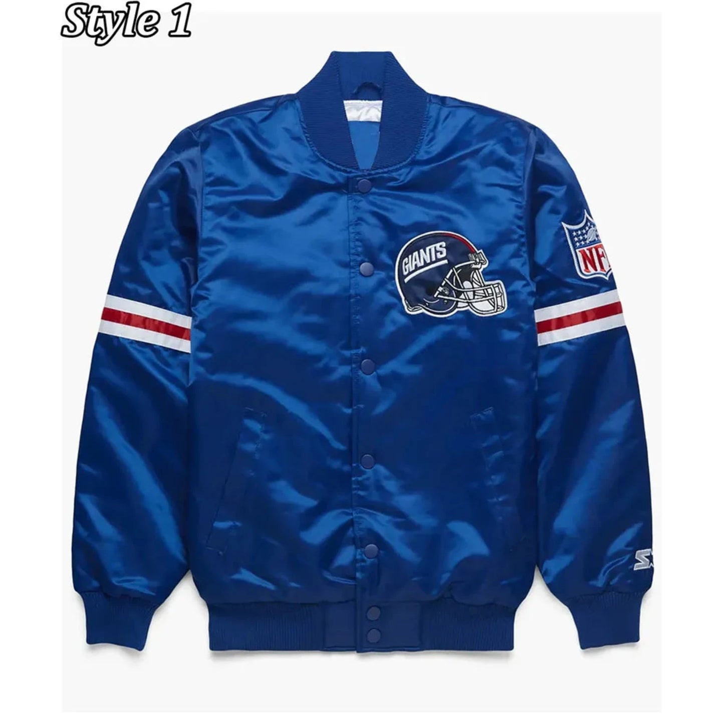 Front view of NY Giants NFL satin varsity jacket with team logo and snap-button closure