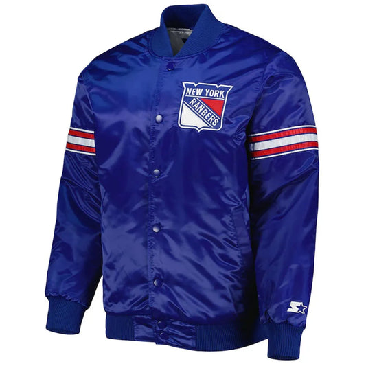 Front view of New York Rangers NHL satin varsity jacket with embroidered team logo and snap-button closure